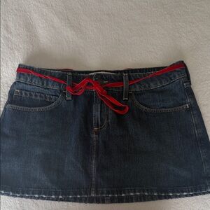 Dark Blue Denim Mini Skirt with Red Ribbon Belt